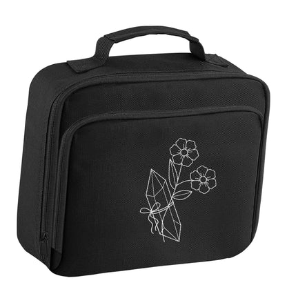 Crystal flower illustration insulated black lunch bag cooler