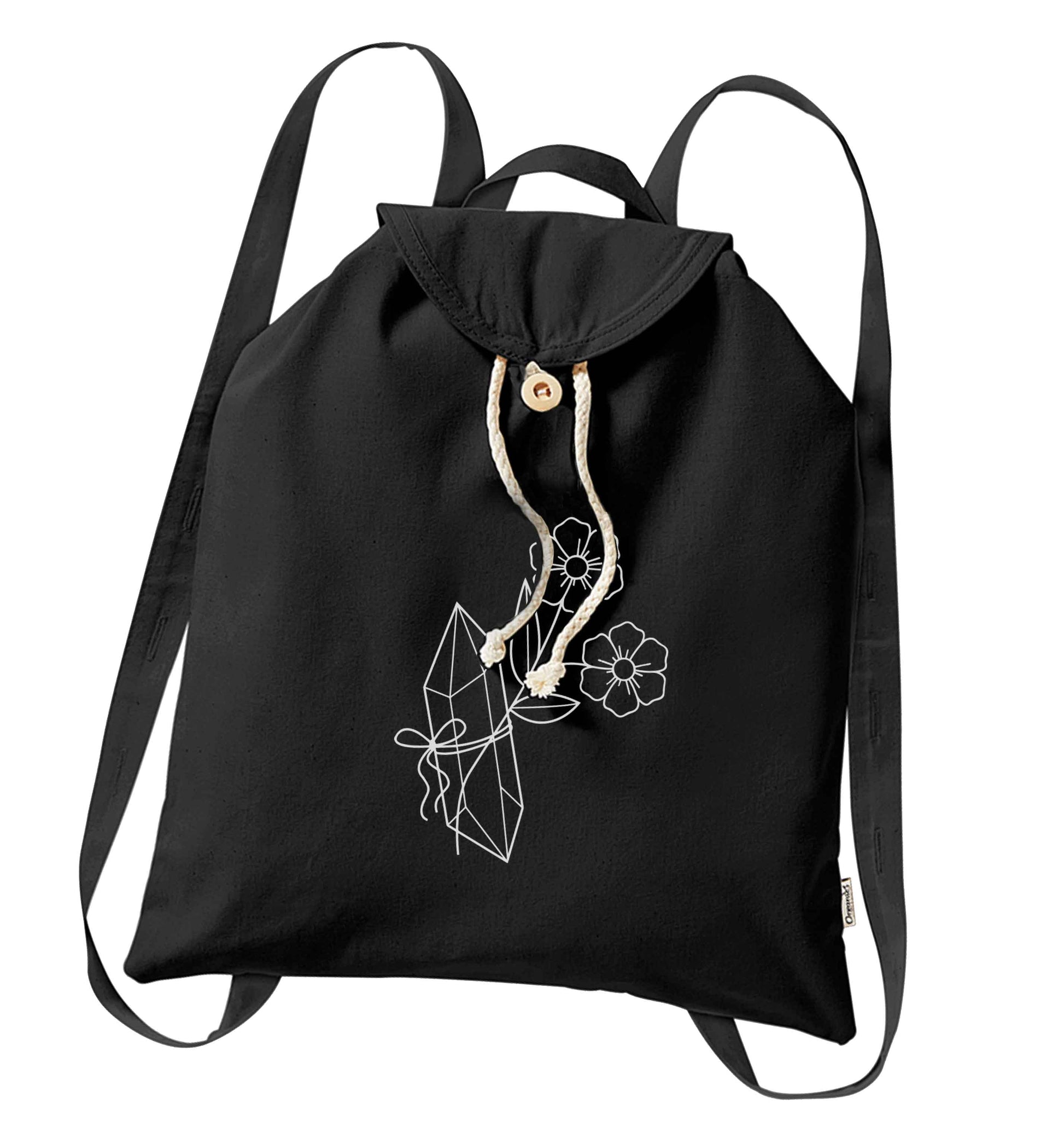 Crystal flower illustration organic cotton backpack tote with wooden buttons in black