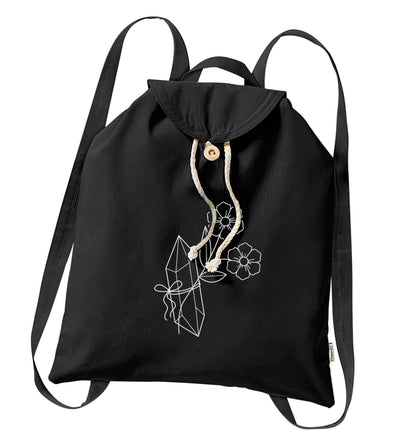 Crystal flower illustration organic cotton backpack tote with wooden buttons in black