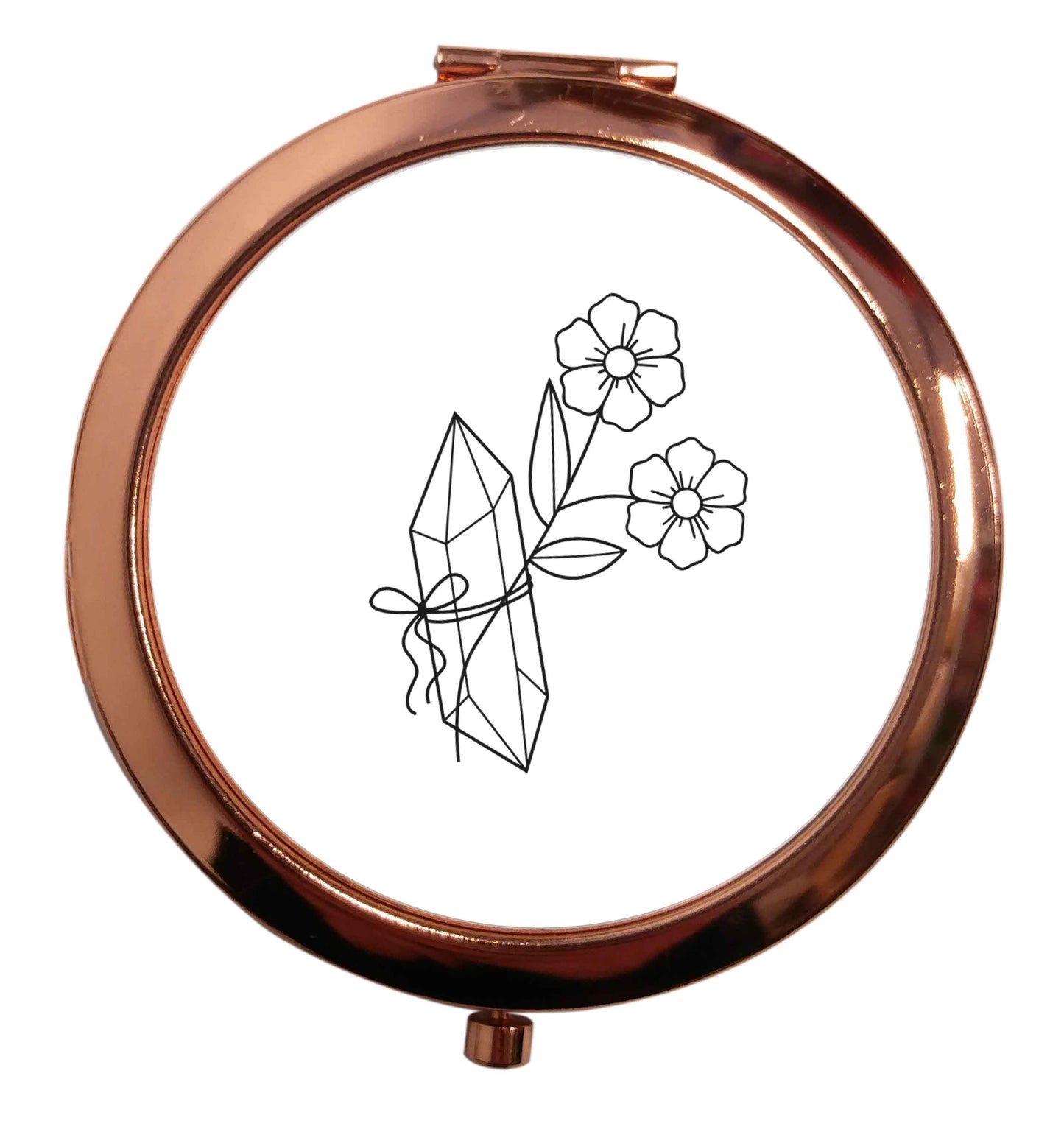 Crystal flower illustration rose gold circle pocket mirror