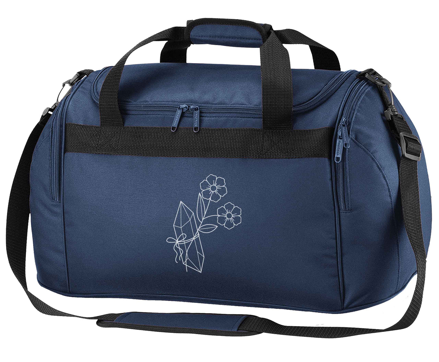 Crystal flower illustration navy holdall / duffel bag