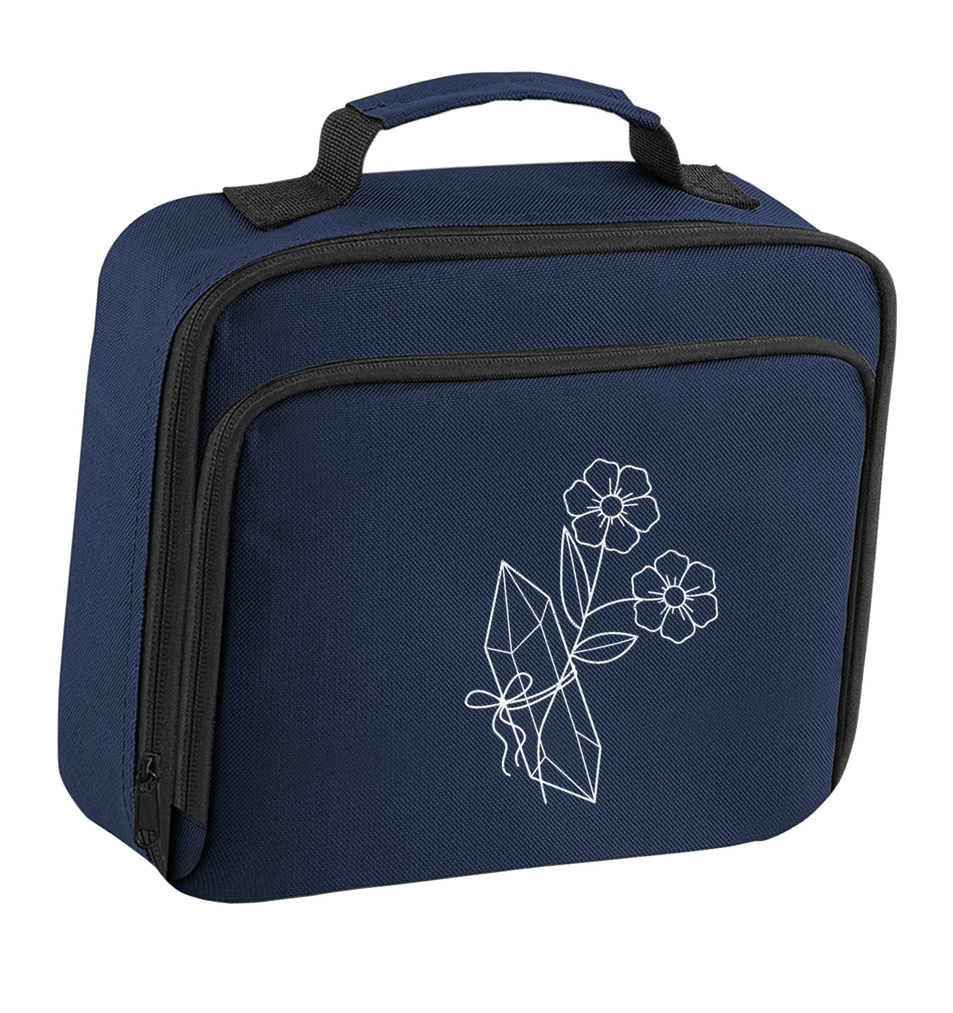 Crystal flower illustration insulated navy lunch bag cooler