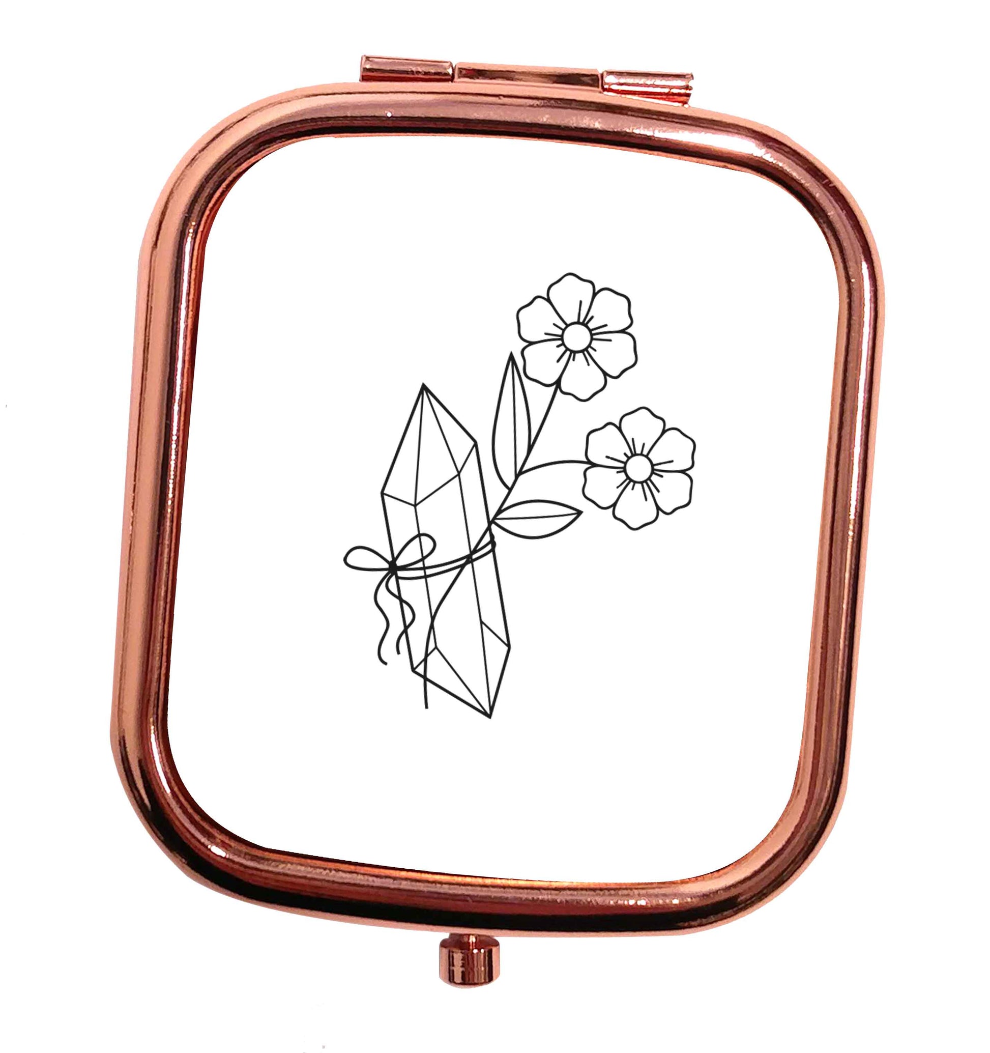 Crystal flower illustration rose gold square pocket mirror