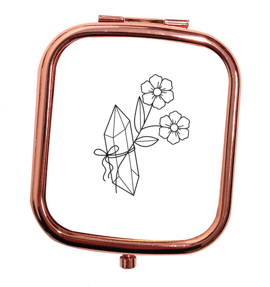 Crystal flower illustration rose gold square pocket mirror