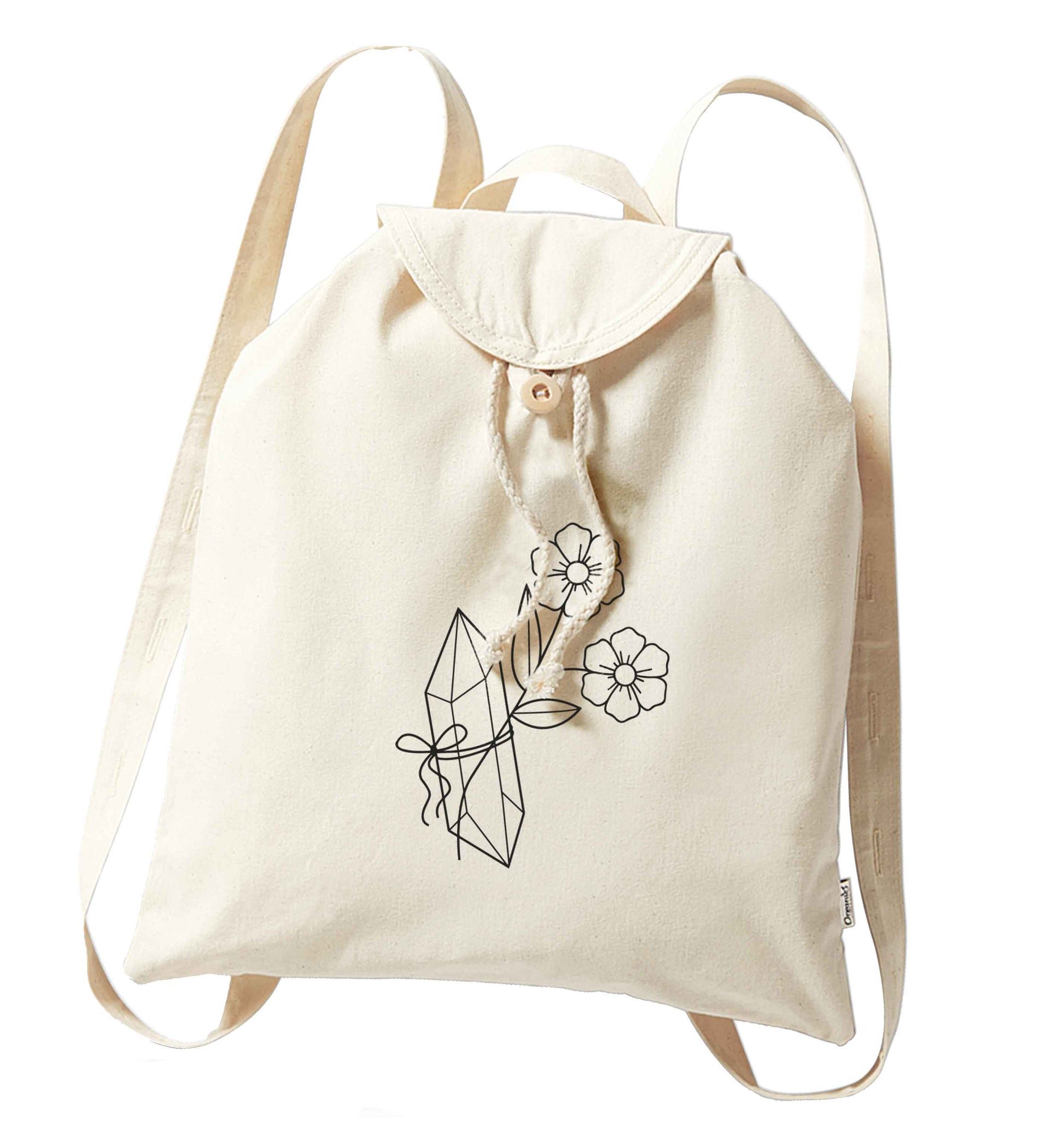 Crystal flower illustration organic cotton backpack tote with wooden buttons in natural