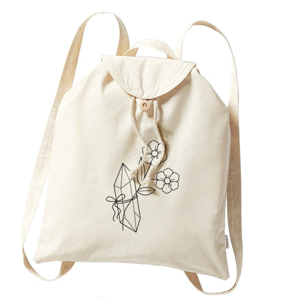 Crystal flower illustration organic cotton backpack tote with wooden buttons in natural