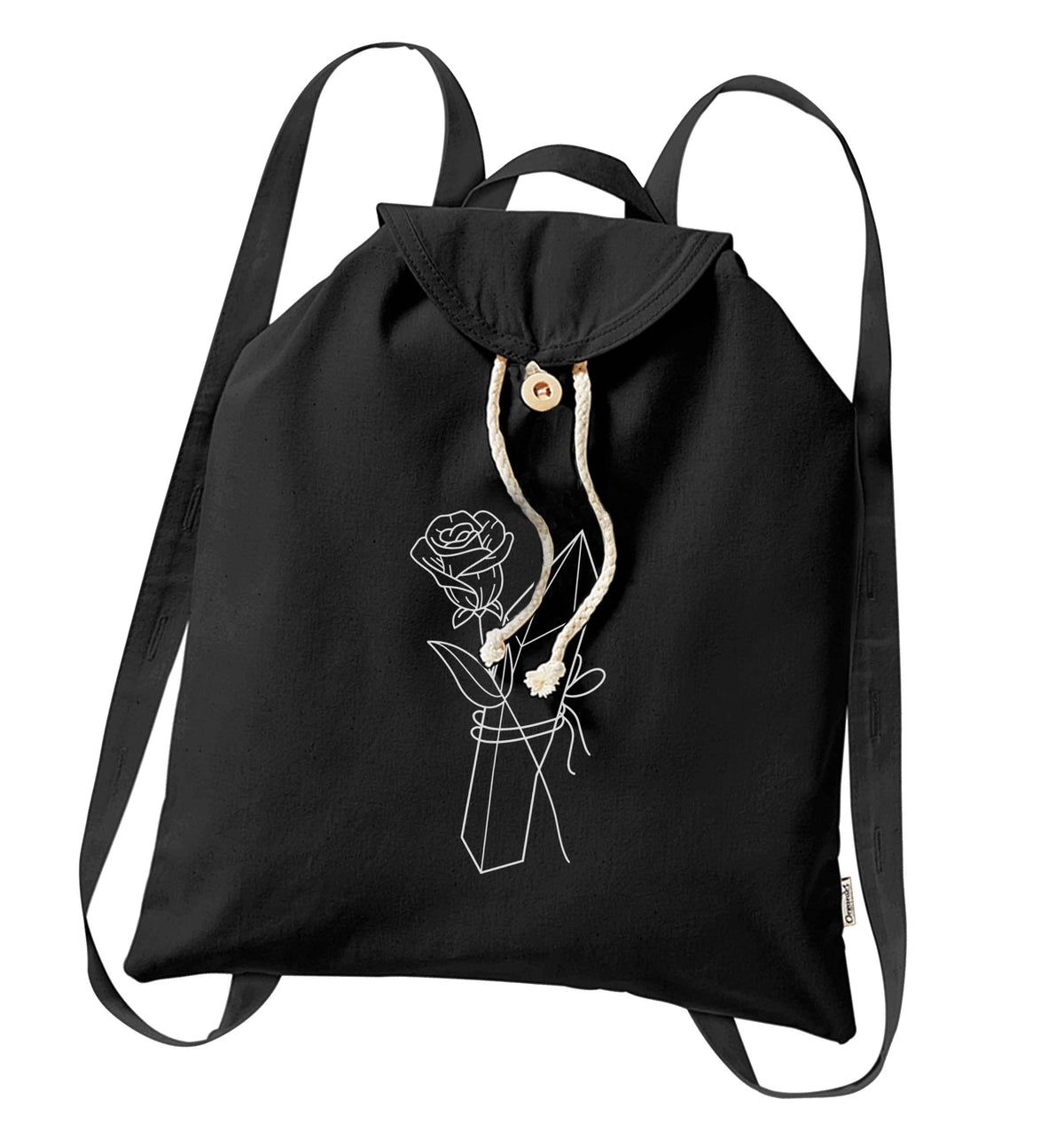 Rose crystal organic cotton backpack tote with wooden buttons in black