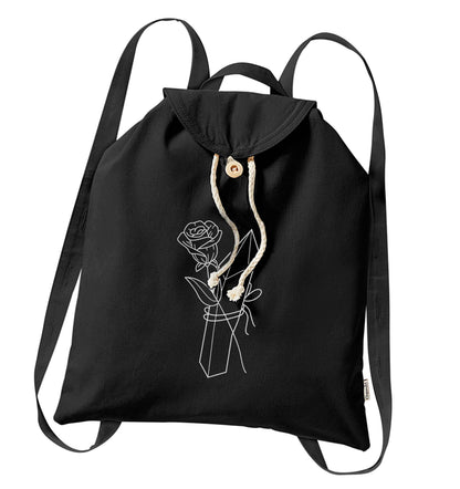 Rose crystal organic cotton backpack tote with wooden buttons in black