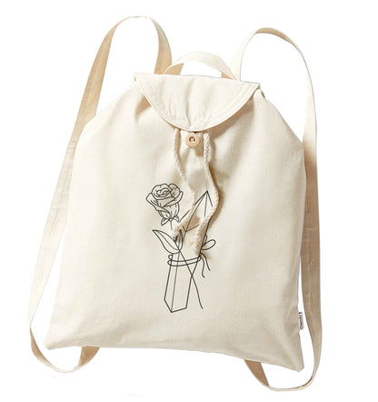 Rose crystal organic cotton backpack tote with wooden buttons in natural