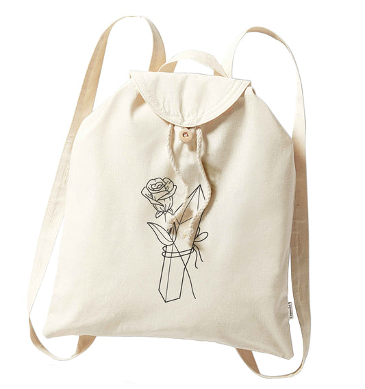 Rose crystal organic cotton backpack tote with wooden buttons in natural