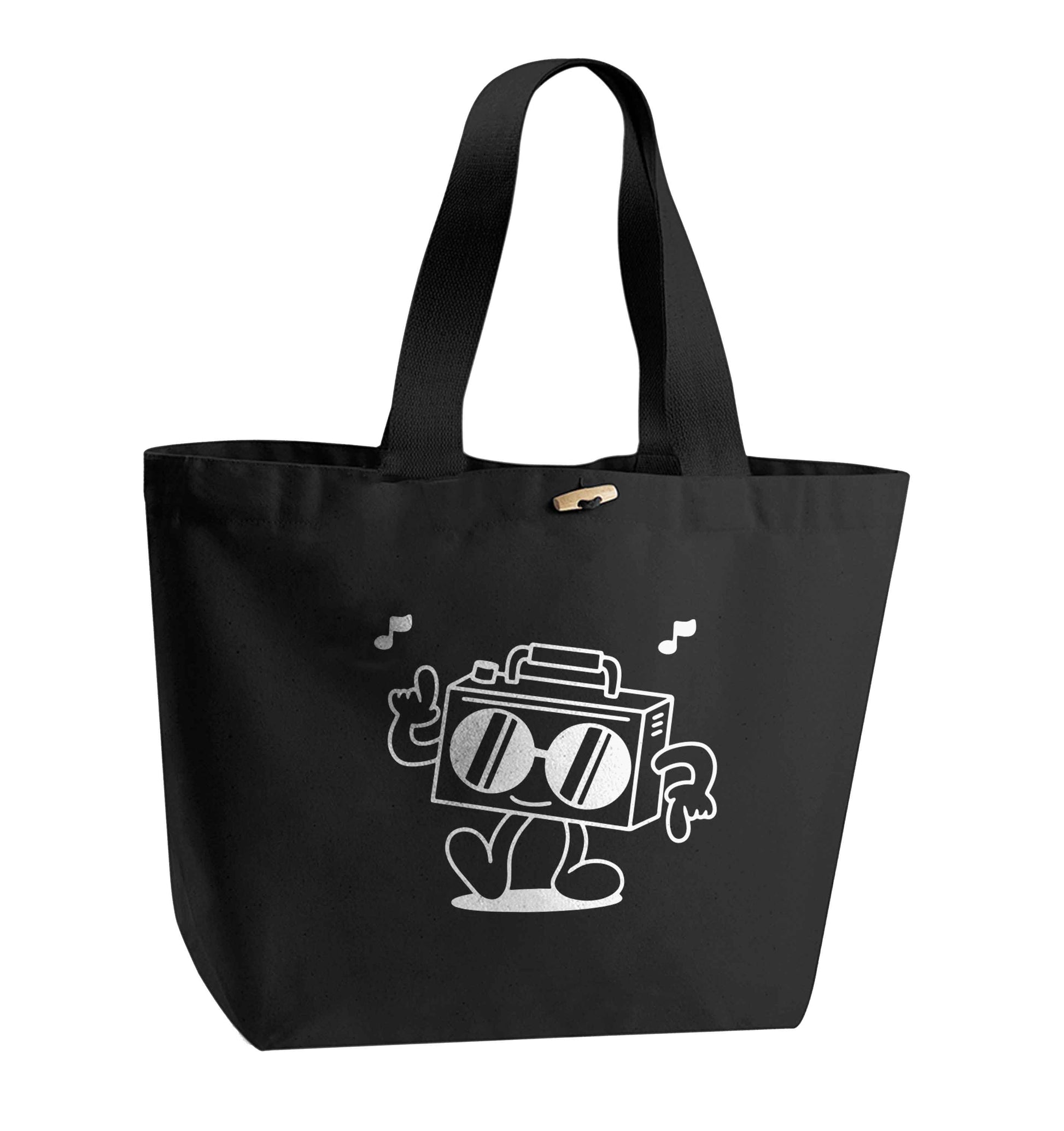 Boombox organic cotton premium tote bag with wooden toggle in black