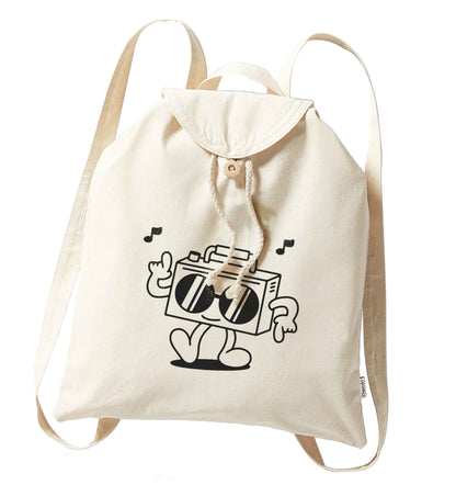 Boombox organic cotton backpack tote with wooden buttons in natural