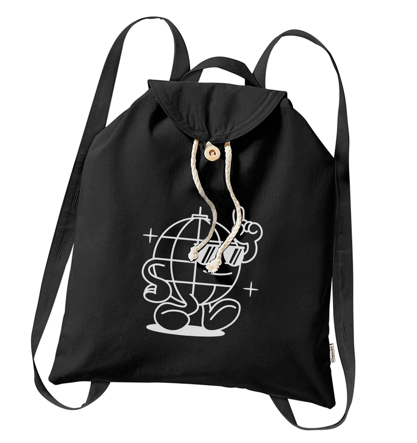 Disco ball organic cotton backpack tote with wooden buttons in black