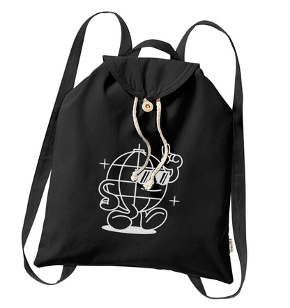 Disco ball organic cotton backpack tote with wooden buttons in black