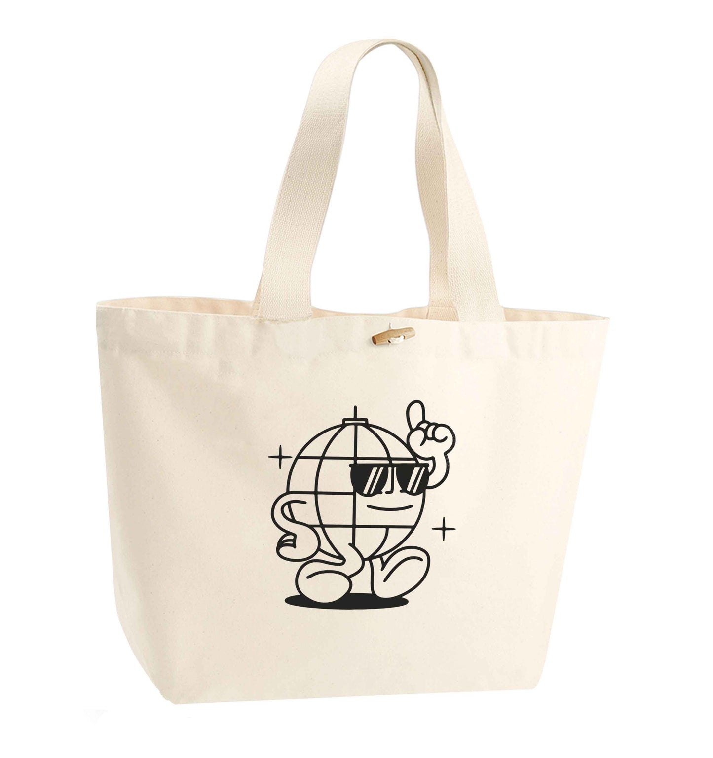 Disco ball organic cotton premium tote bag with wooden toggle in natural