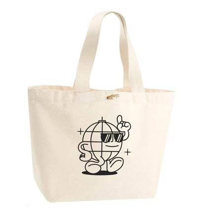 Disco ball organic cotton premium tote bag with wooden toggle in natural