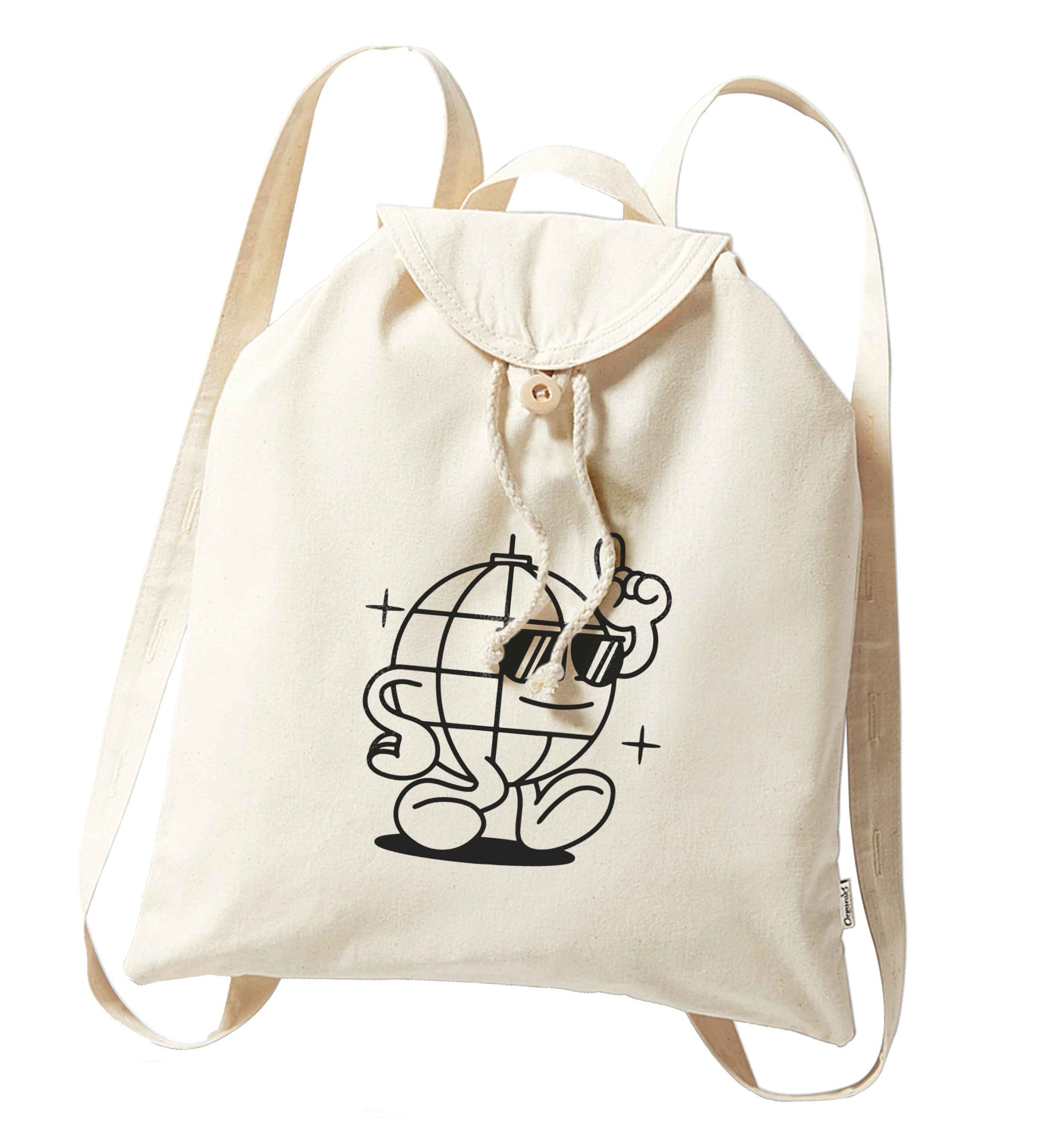 Disco ball organic cotton backpack tote with wooden buttons in natural