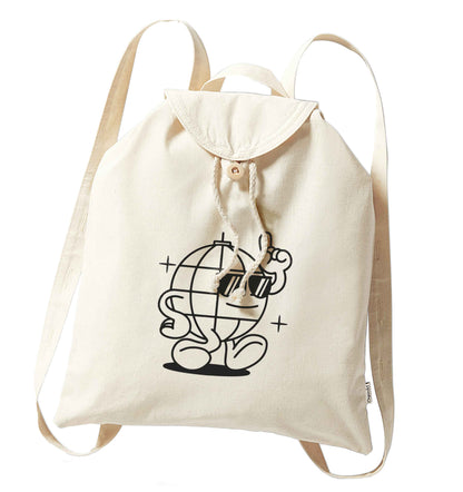 Disco ball organic cotton backpack tote with wooden buttons in natural