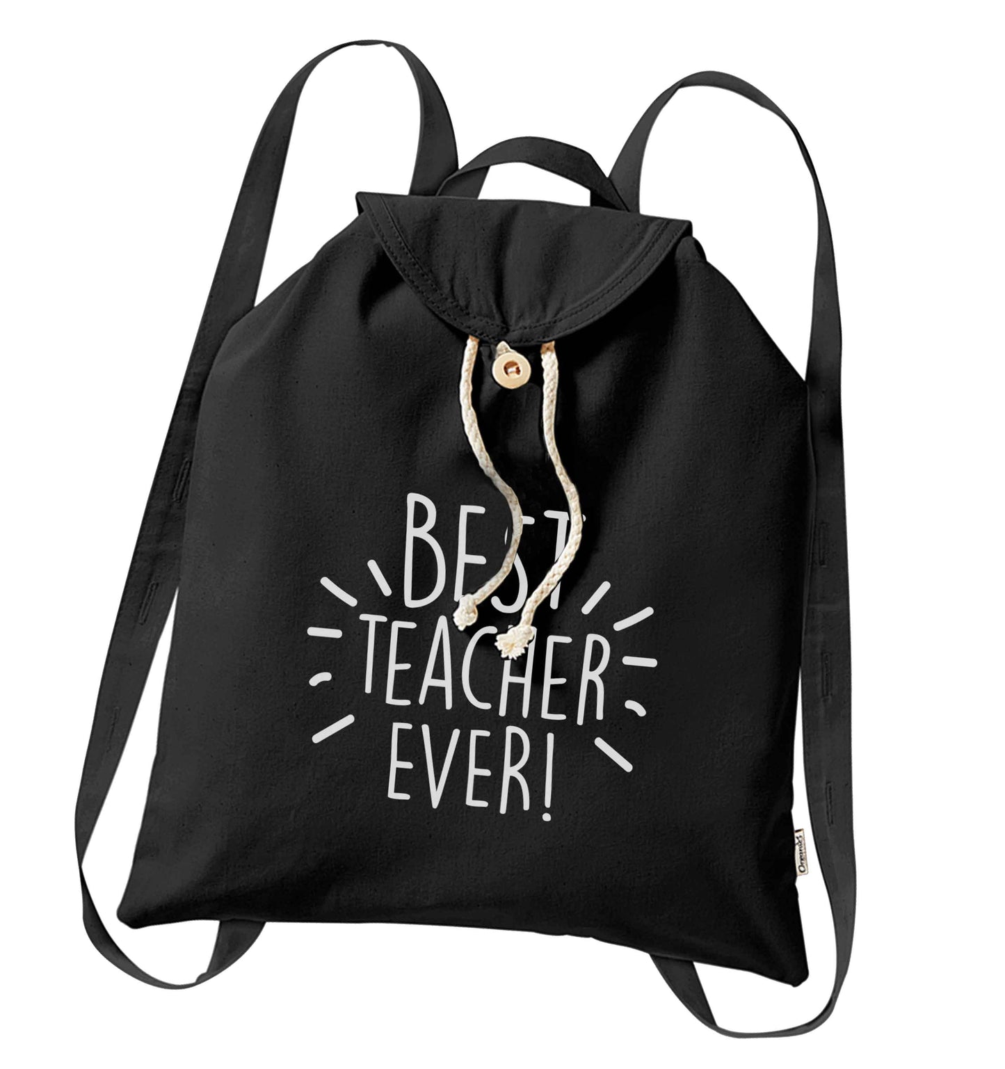 Best teacher ever! organic cotton backpack tote with wooden buttons in black