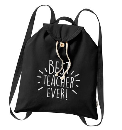 Best teacher ever! organic cotton backpack tote with wooden buttons in black