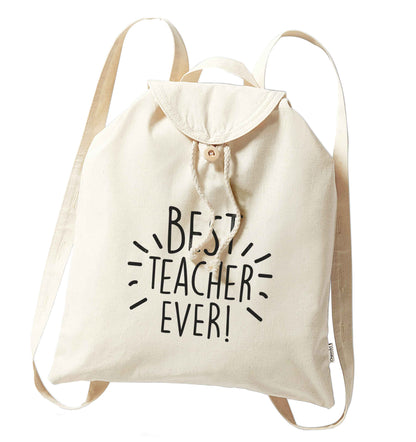 Best teacher ever! organic cotton backpack tote with wooden buttons in natural
