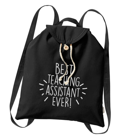 Best teaching assistant ever! organic cotton backpack tote with wooden buttons in black