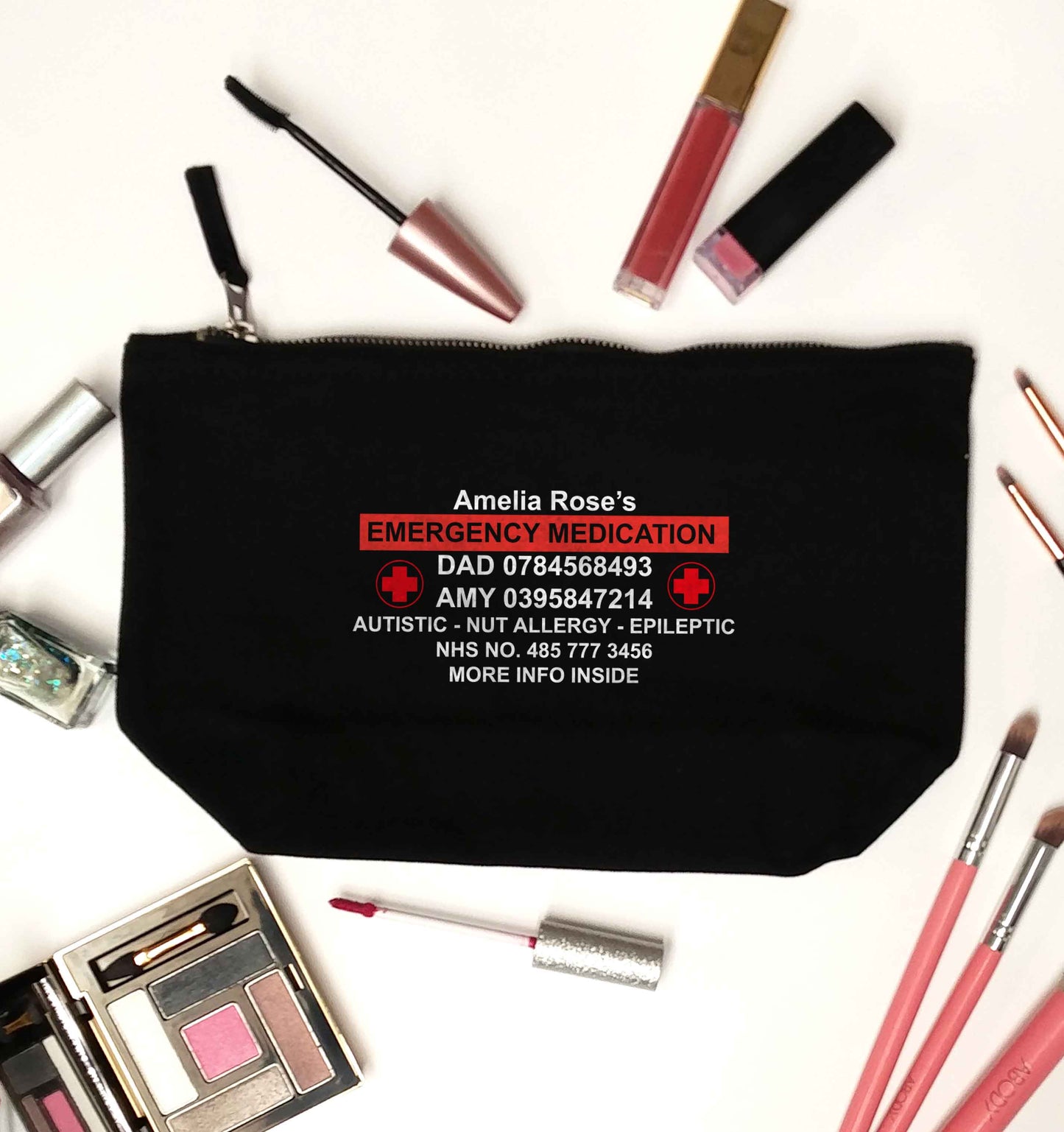 Personalised emergency medication bag black makeup bag
