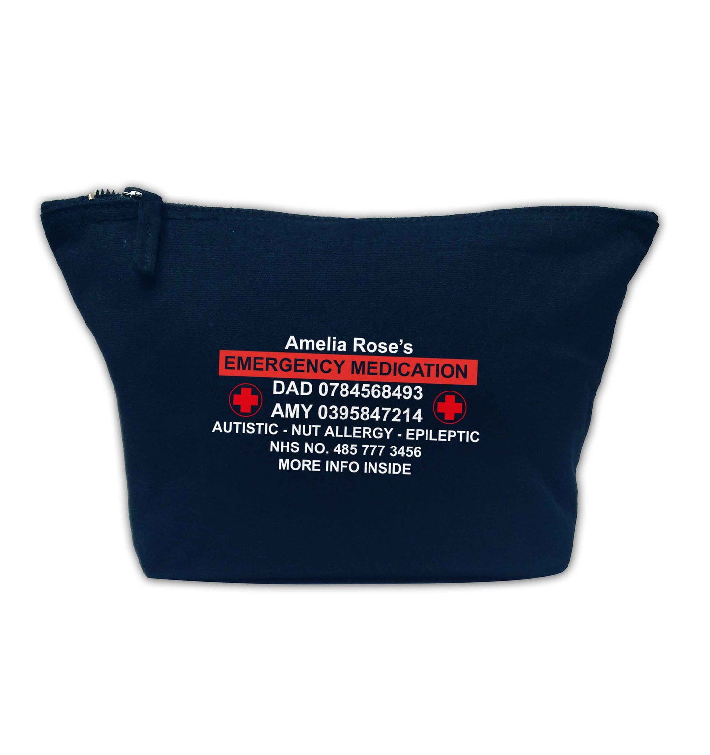 Personalised emergency medication bag navy makeup bag