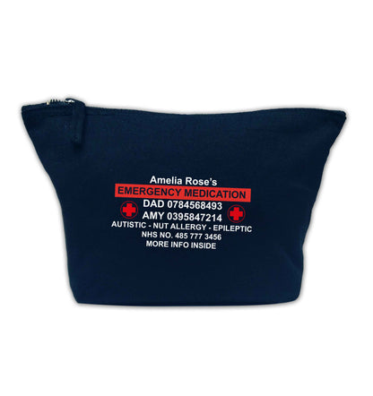 Personalised emergency medication bag navy makeup bag