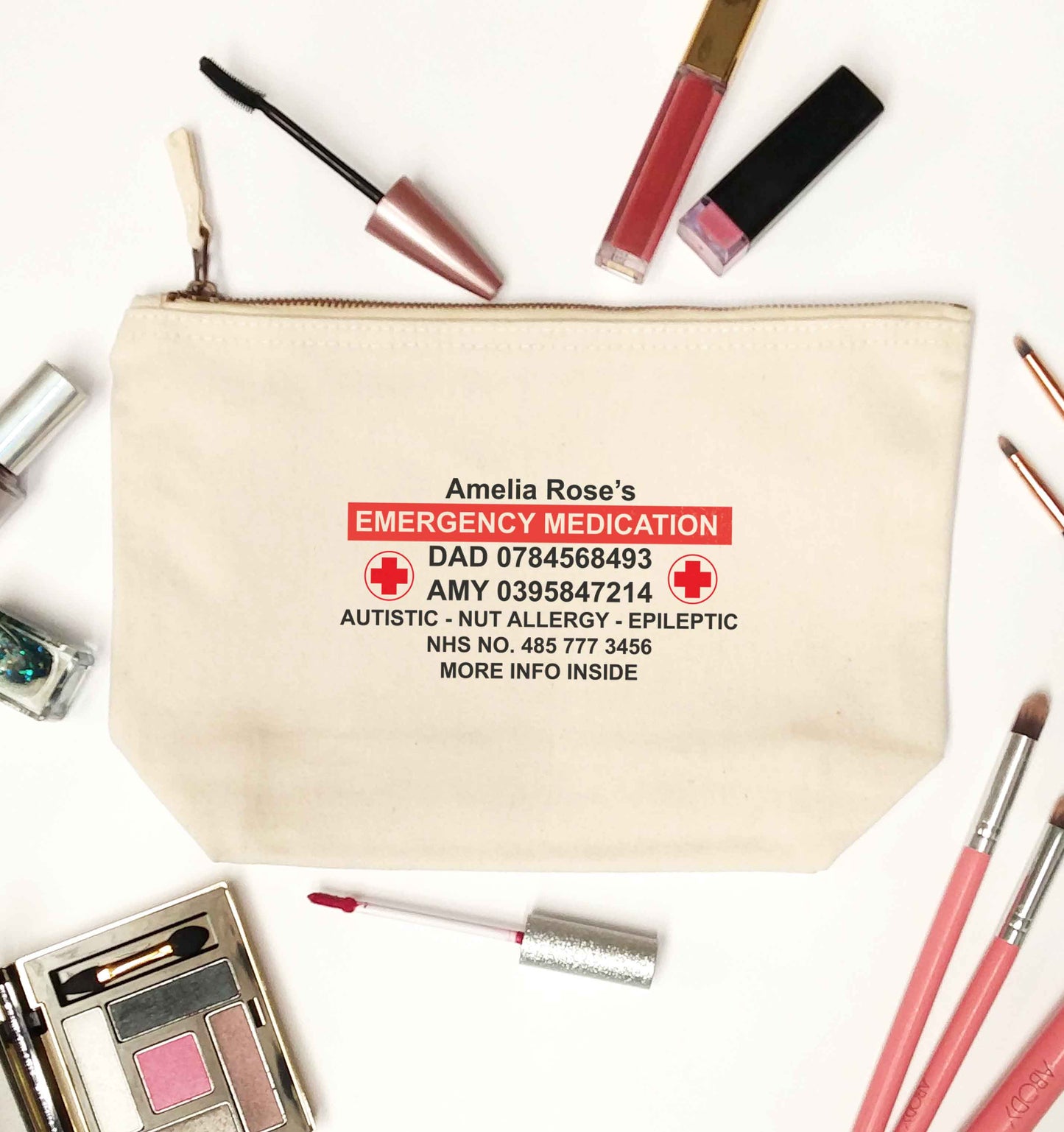 Personalised emergency medication bag natural makeup bag