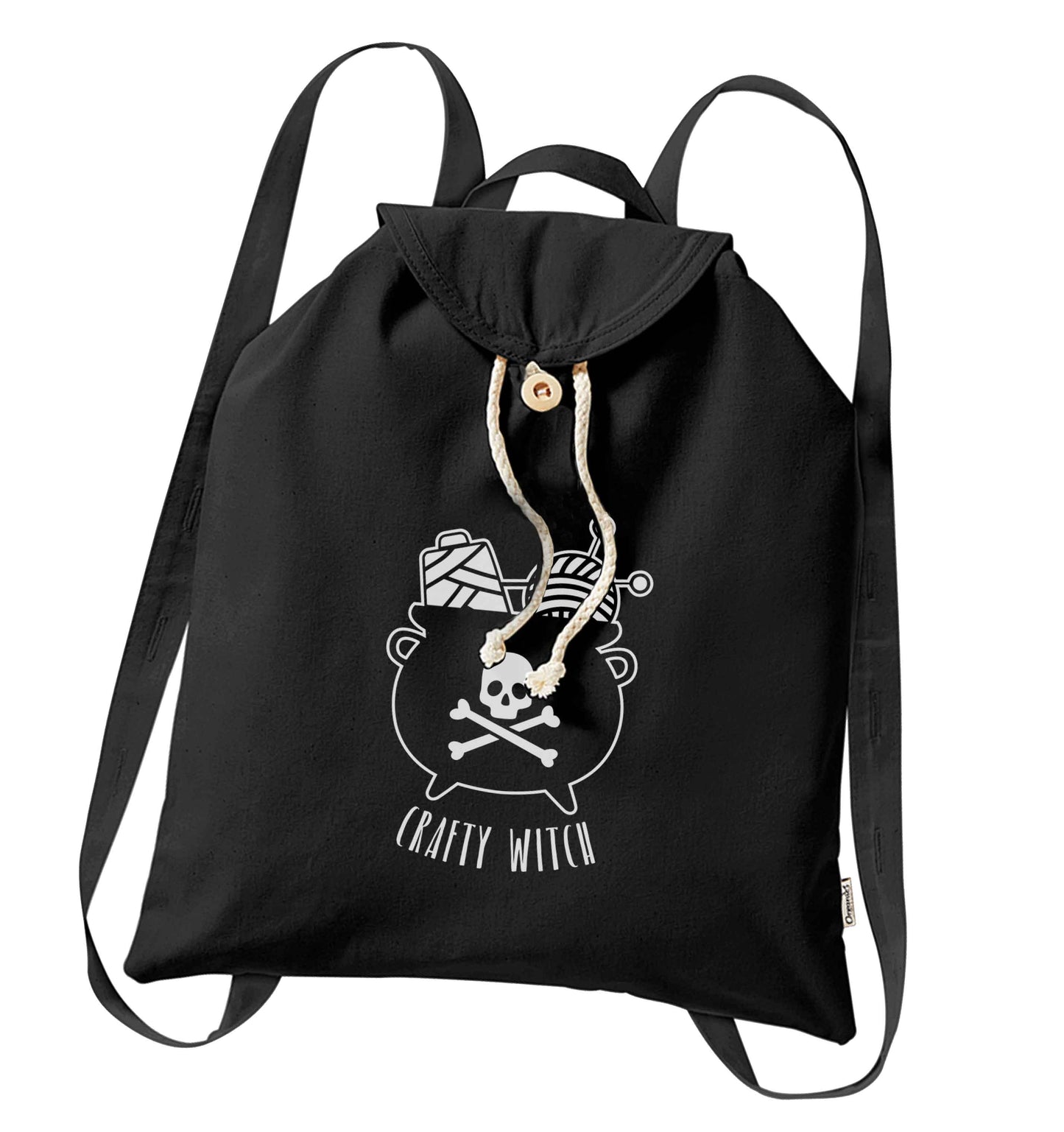 Crafty witch organic cotton backpack tote with wooden buttons in black
