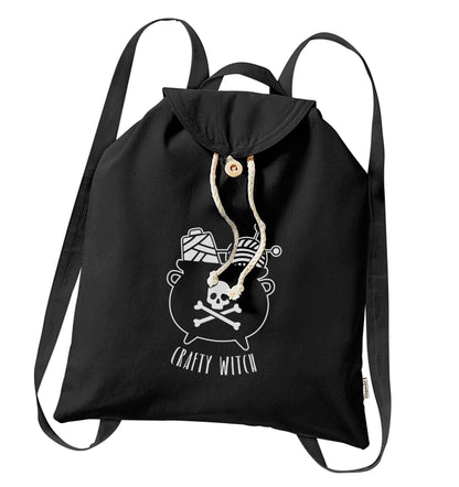 Crafty witch organic cotton backpack tote with wooden buttons in black