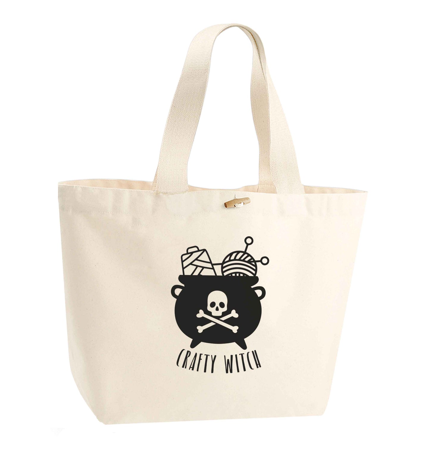 Crafty witch organic cotton premium tote bag with wooden toggle in natural