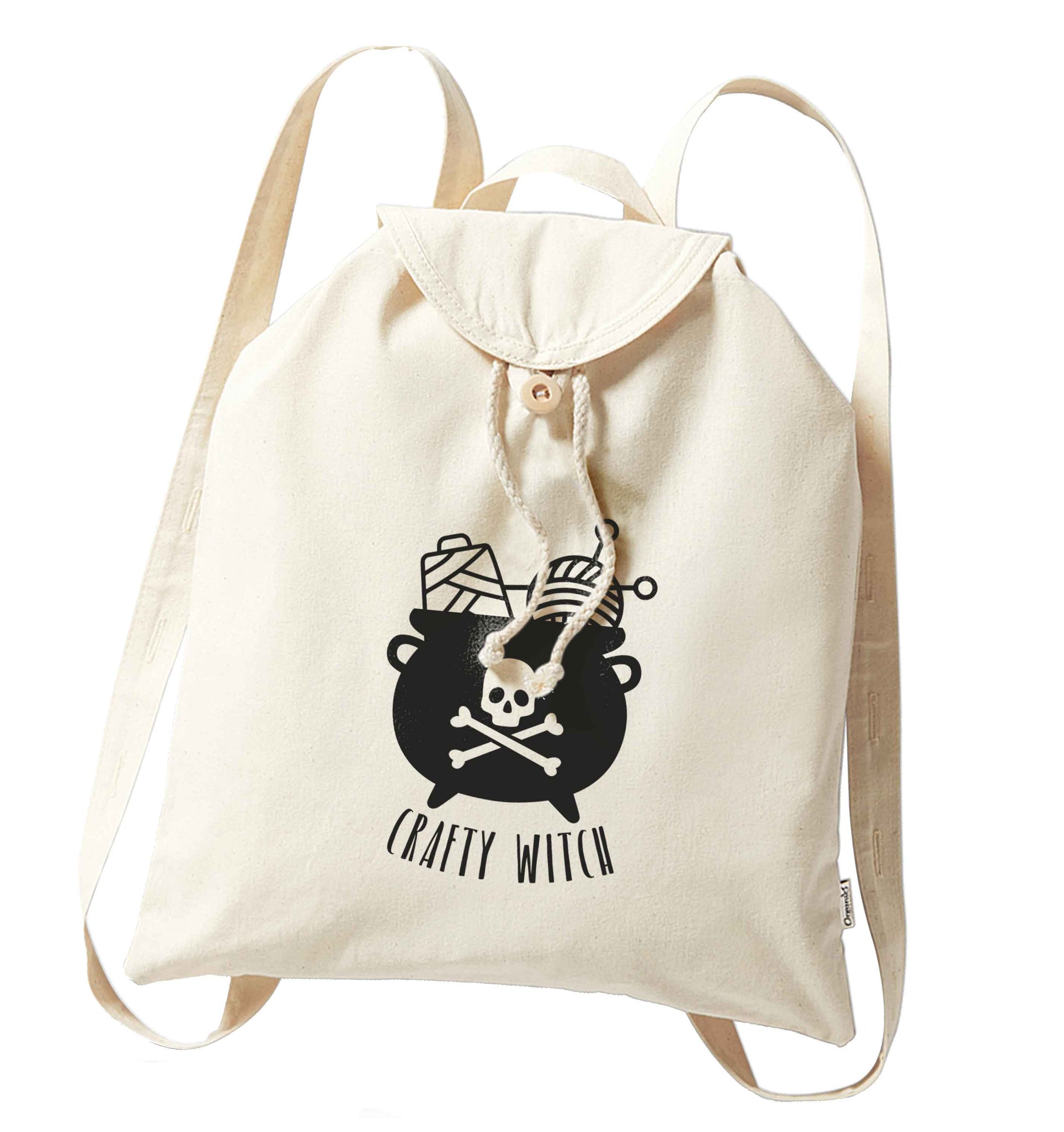 Crafty witch organic cotton backpack tote with wooden buttons in natural
