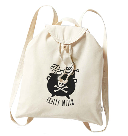 Crafty witch organic cotton backpack tote with wooden buttons in natural