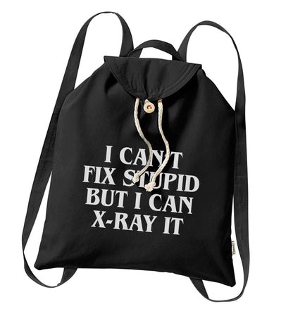 I can't fix stupid but I can X-Ray it organic cotton backpack tote with wooden buttons in black