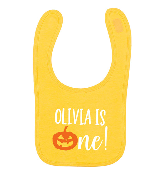 Personalised is turning one yellow baby bib