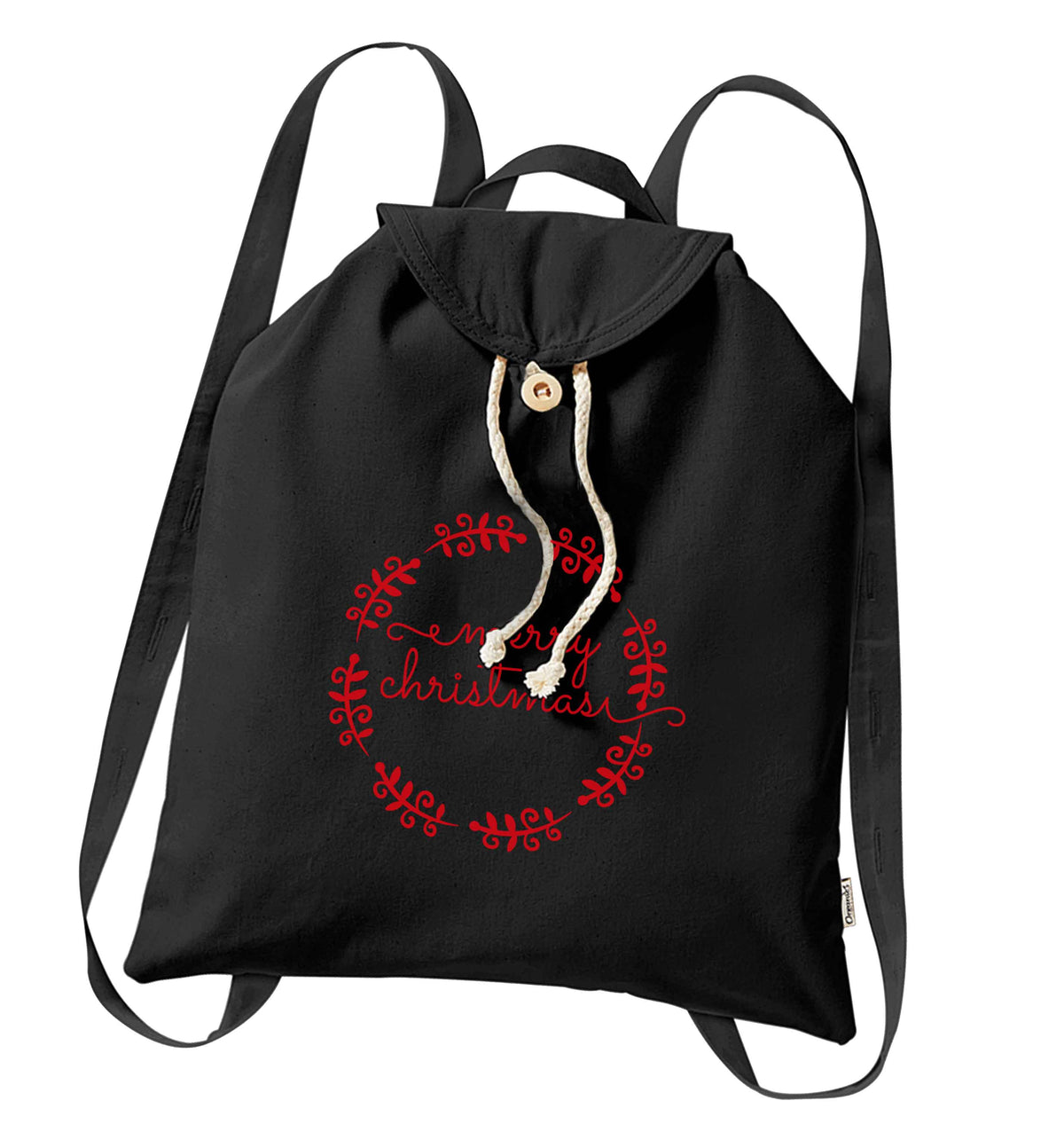 Merry christmas organic cotton backpack tote with wooden buttons in black