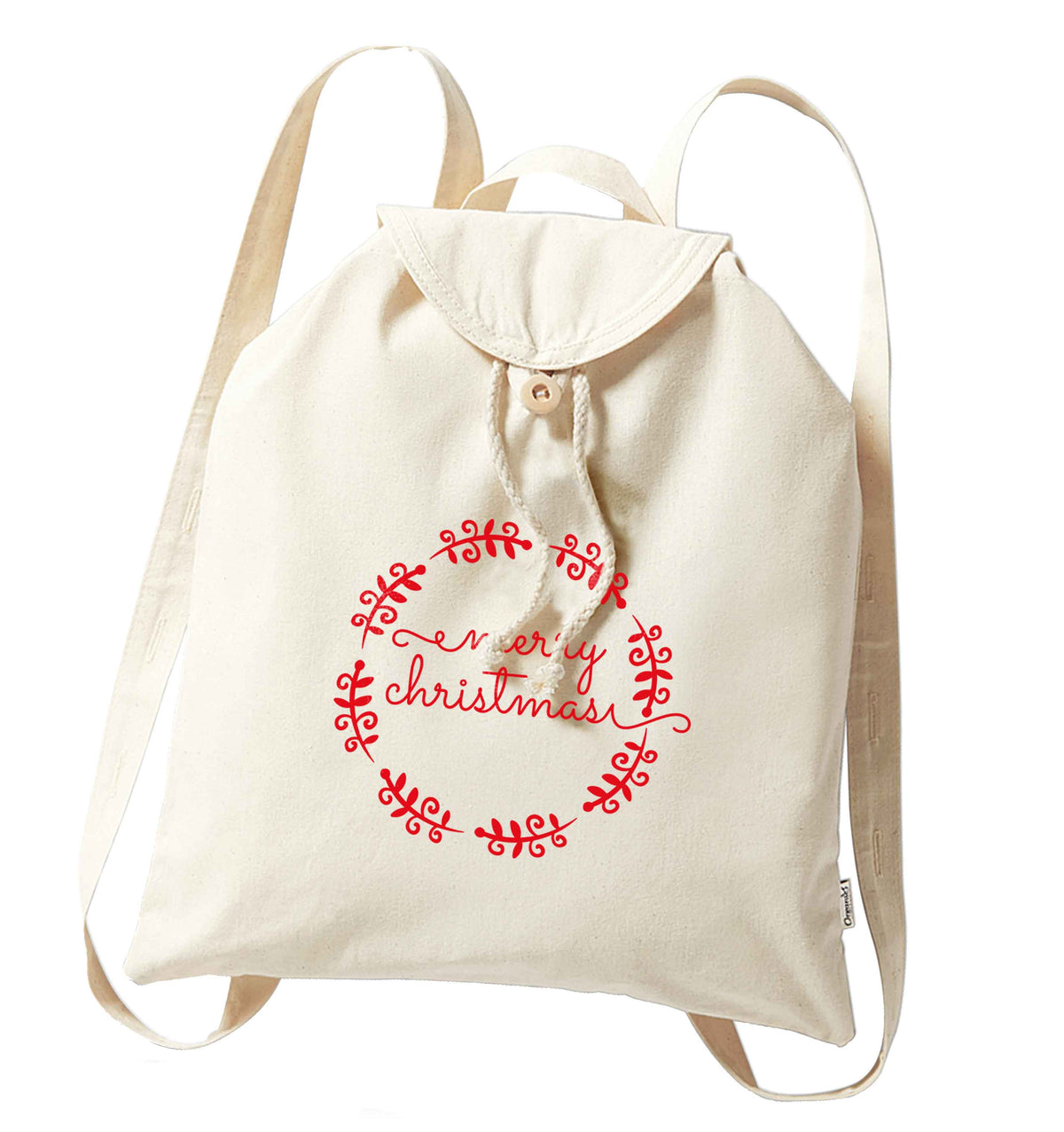 Merry christmas organic cotton backpack tote with wooden buttons in natural