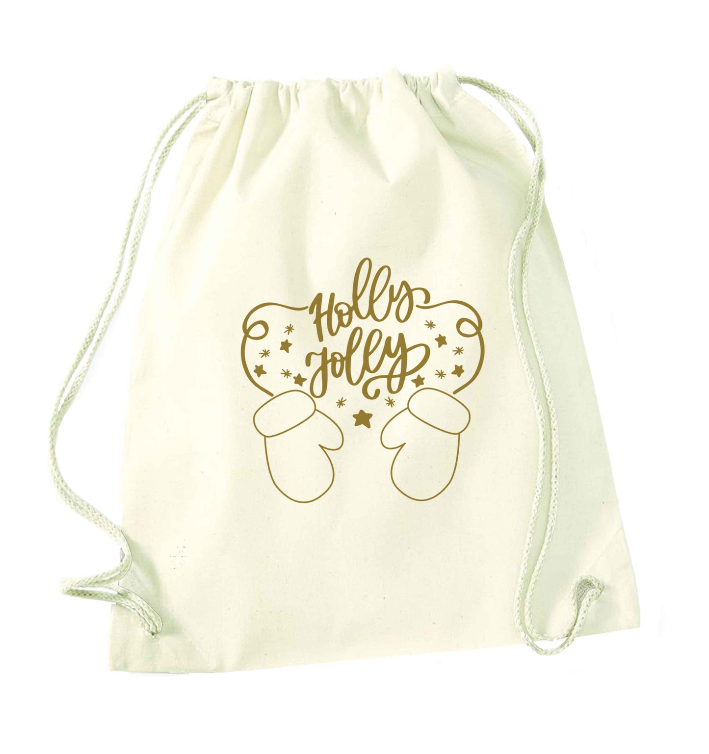 Holly jolly natural drawstring bag