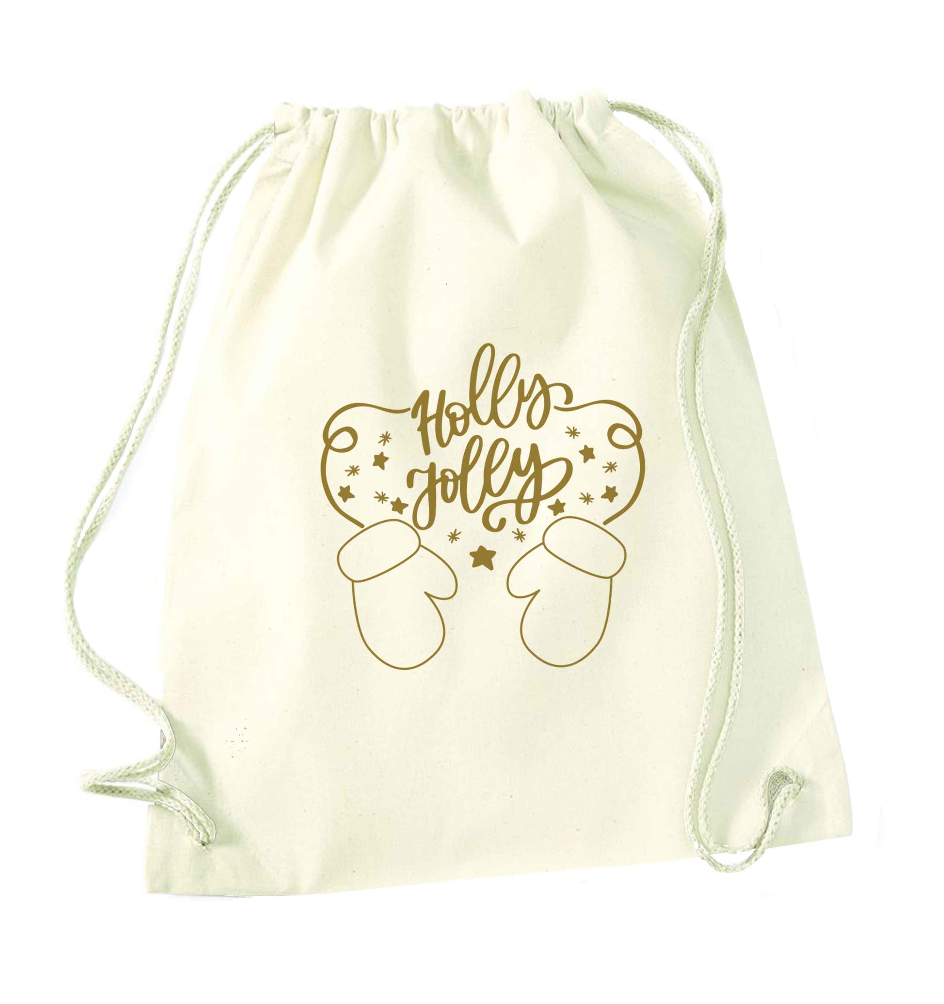 Holly jolly natural drawstring bag