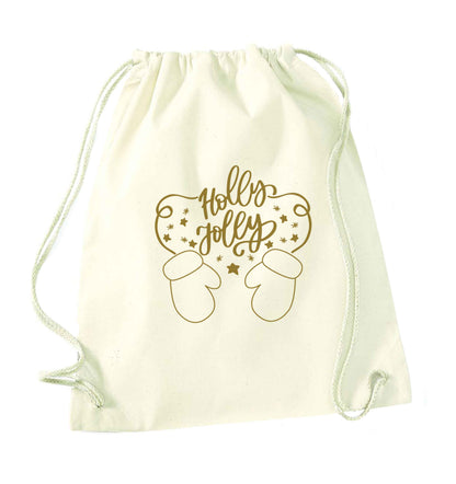 Holly jolly natural drawstring bag