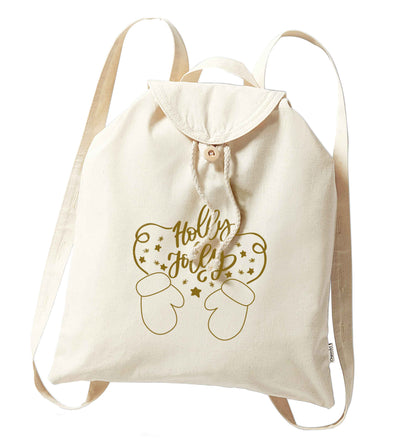 Holly jolly organic cotton backpack tote with wooden buttons in natural