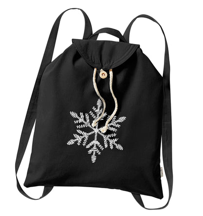 Snowflake organic cotton backpack tote with wooden buttons in black