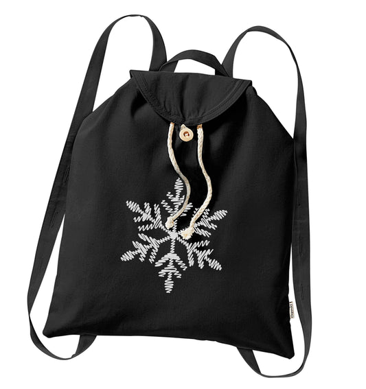 Snowflake organic cotton backpack tote with wooden buttons in black