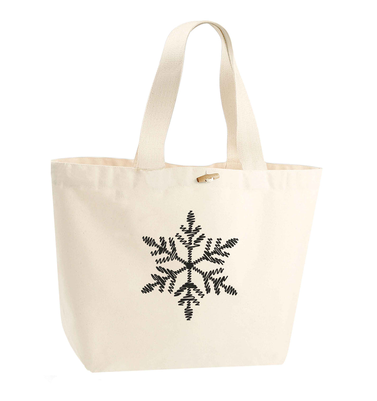 Snowflake organic cotton premium tote bag with wooden toggle in natural