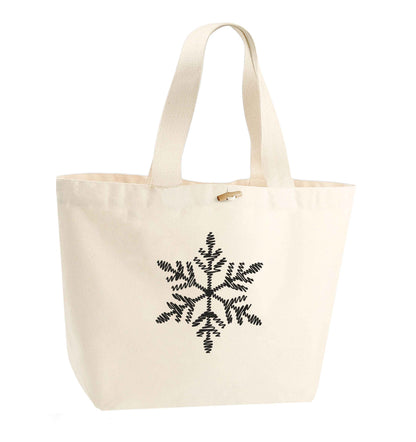 Snowflake organic cotton premium tote bag with wooden toggle in natural