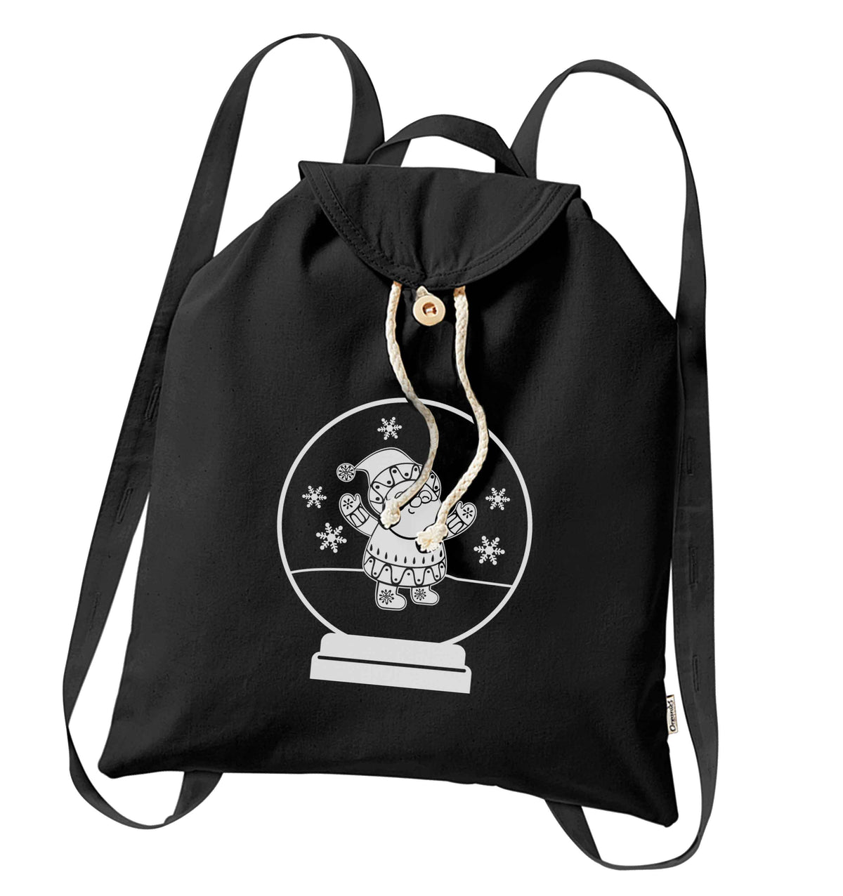 Santa snowglobe organic cotton backpack tote with wooden buttons in black