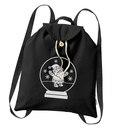 Santa snowglobe organic cotton backpack tote with wooden buttons in black
