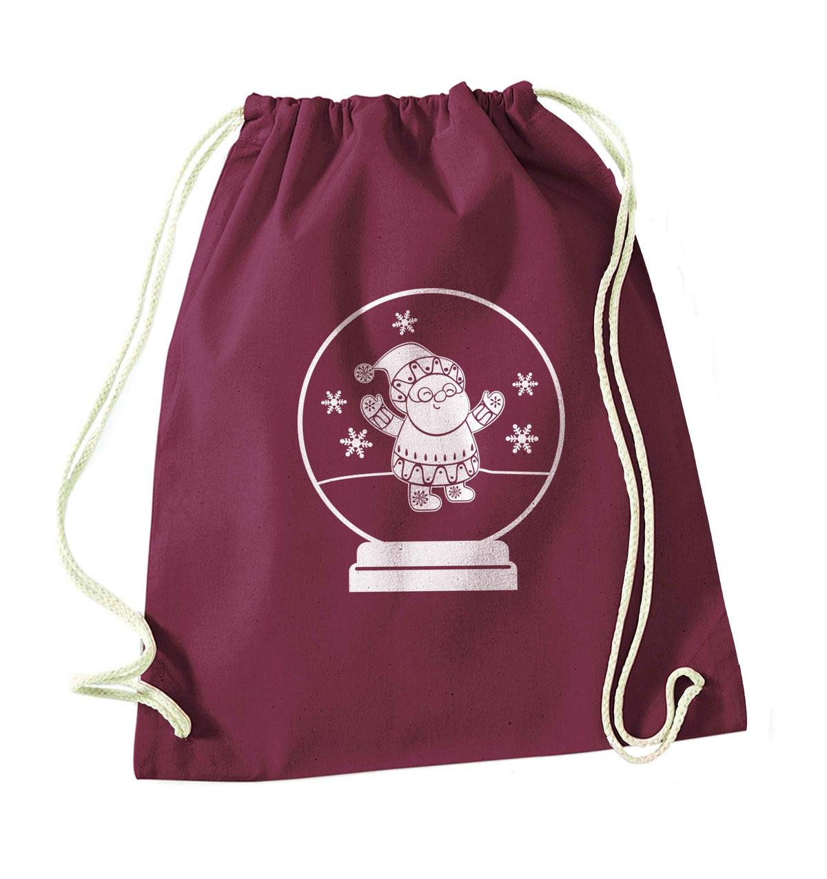 Santa snowglobe maroon drawstring bag